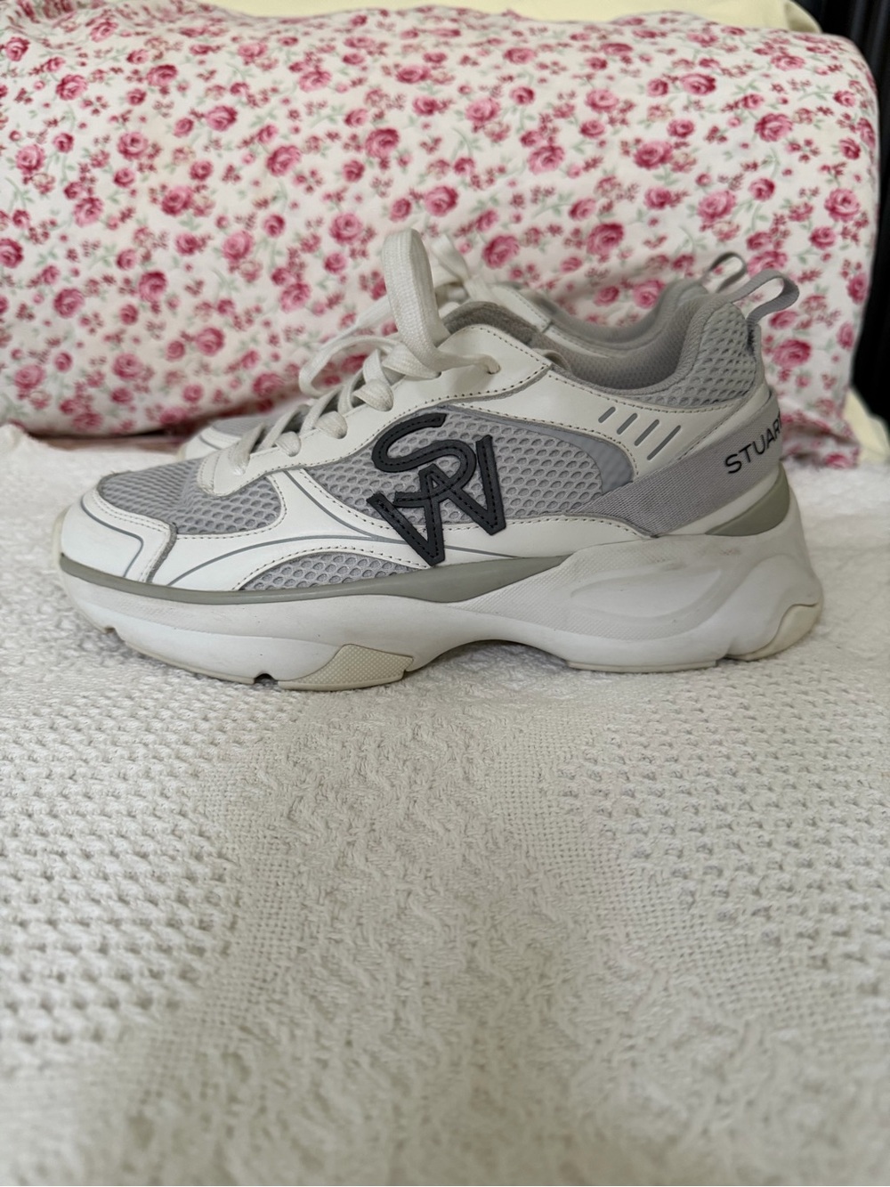 Stuart Weitzman White and Light Gray Chunky Logo Sneakers